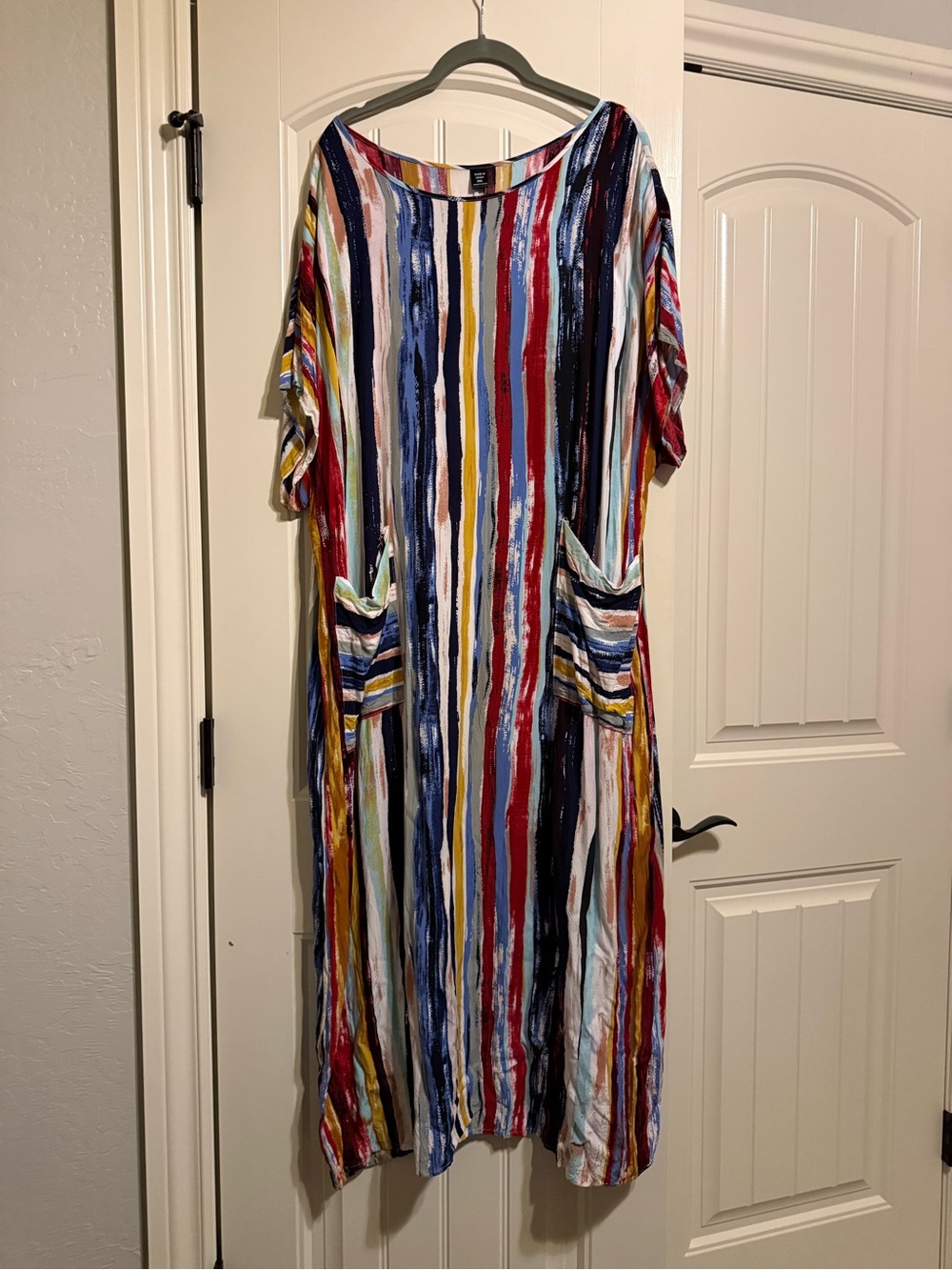 SHEIN Curve Multi-Striped Short Sleeve Maxi Dress in Blue Red Yellow White Black